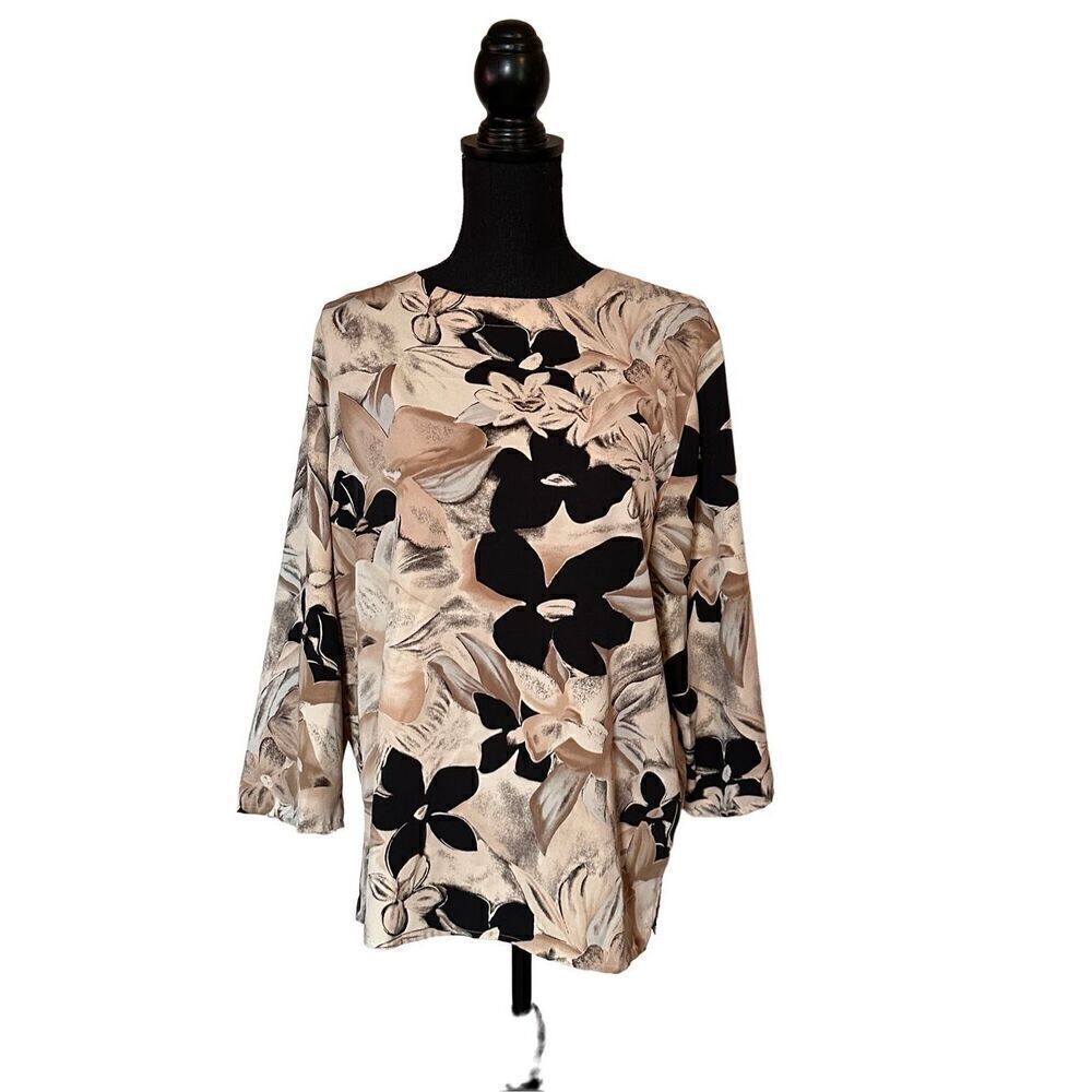 Alfred Dunner Womens Top Size 14 Beige Black Floral Long Sleeve Blouse